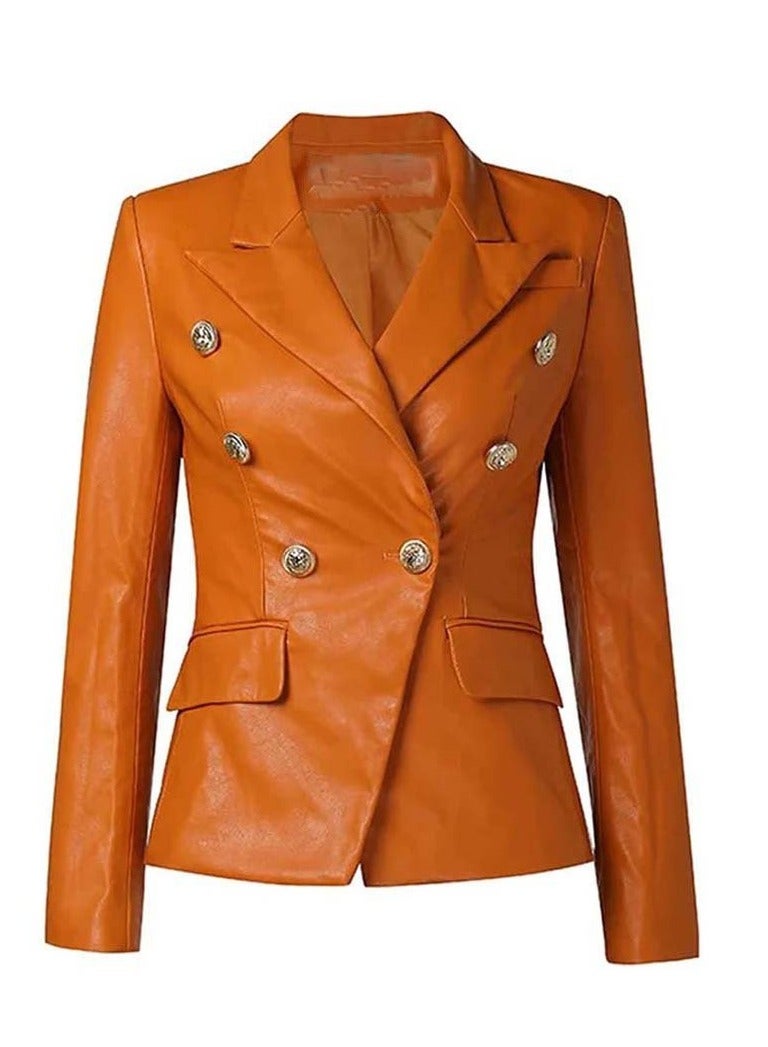 Women's Orange Leather Blazer with Luxe Silver Buttons and Single-Button Closure  - Image 1