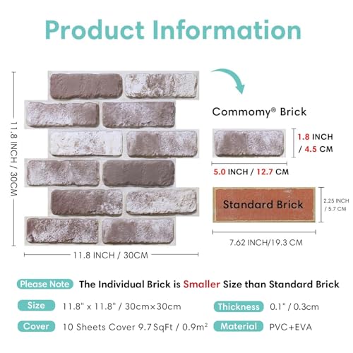 Commomy 10 Pcs Whitewash 3D Brick Peel and Stick Wall Panels - Small Size Ultralight PVC Faux Brick Panels 11.8'' x 11.8'' Brick Wallpaper Wall Tiles for Kitchen Backsplash, Living Room, Bedroom, RV - Image 4