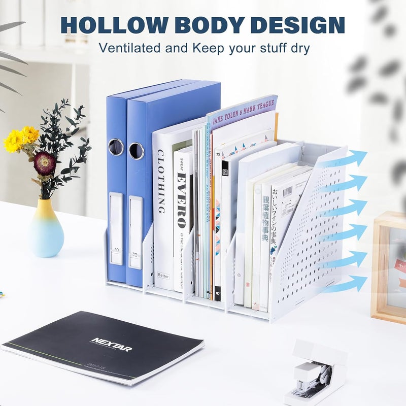 FRETONBA Collapsible Magazine File Holder with 4 Vertical Compartments Foldable Binder Holder for Desk Binder Storage Organizer Plastic Magazine Holders for Shelf, Light Gray - Image 3