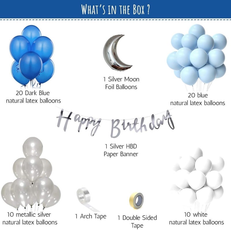 FOOGAA Blue Boys Birthday Kit - 64 Piece Set with Moon, Blue and White Balloons, Cursive "Happy Birthday" Banner - Image 2