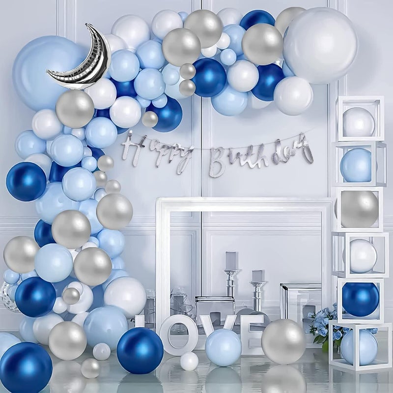 FOOGAA Blue Boys Birthday Kit - 64 Piece Set with Moon, Blue and White Balloons, Cursive "Happy Birthday" Banner - Image 1
