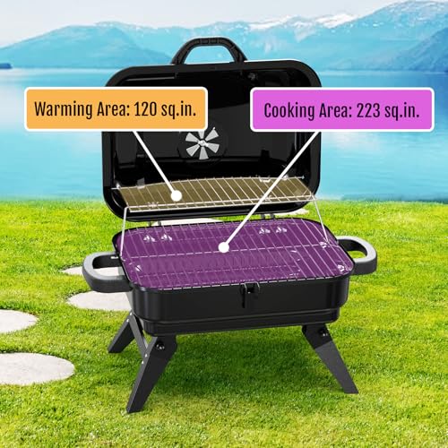 BBQCuker Portable Charcoal Grill with Warming Rack, Small Tabletop Barbecue Grill, Foldable Legs, Adjustable Vent, Total 343 Sq. In.Cooking Space, Outdoor BBQ Grill for Camping and Picnics (Black) - Image 2