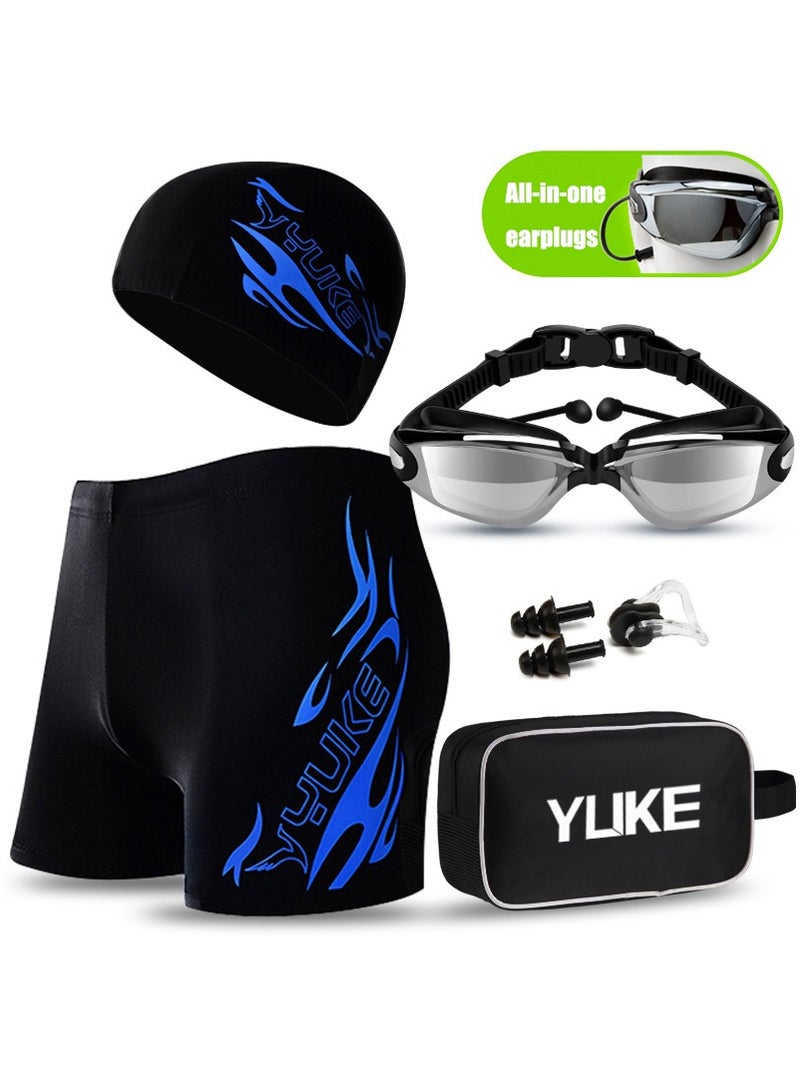 YUKE Professional Swimming Kits Swim Cap UV Protection & Anti-fog Swim Goggles Quick-Dry Swim Trunks with Earplugs Nose Clip Protection Case for Adults (Blue) - Image 1