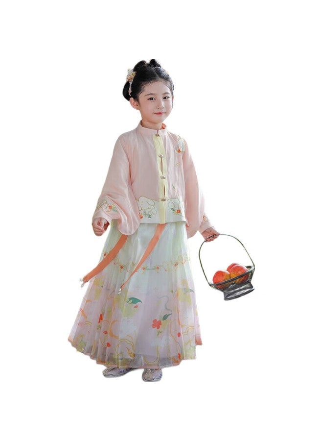 ROMON Girls' Hanfu, New Chinese-Style Ancient Costume, Autumn Style, National Style Horse-Face Skirt Performance Costume, Hanfu Peach Pink Three-Piece Set, 120 - Image 3