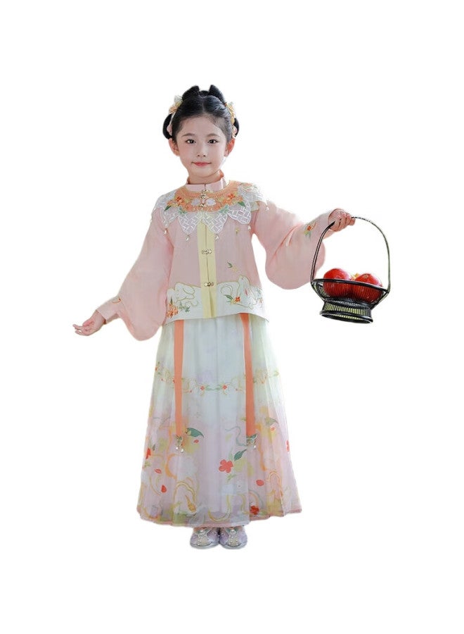 ROMON Girls' Hanfu, New Chinese-Style Ancient Costume, Autumn Style, National Style Horse-Face Skirt Performance Costume, Hanfu Peach Pink Three-Piece Set, 120 - Image 1