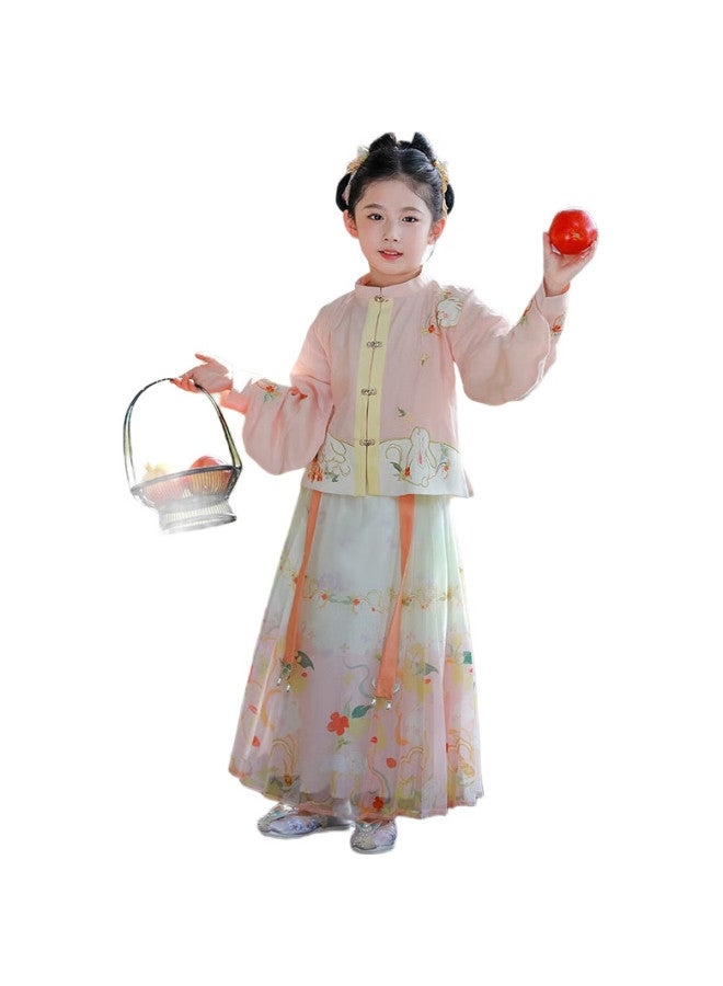 ROMON Girls' Hanfu, New Chinese-Style Ancient Costume, Autumn Style, National Style Horse-Face Skirt Performance Costume, Hanfu Peach Pink Three-Piece Set, 120 - Image 2