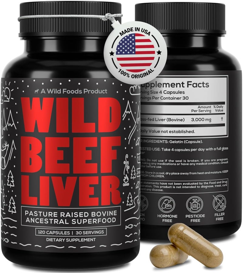 Wild Foods Beef Liver Capsules  GrassFed  PastureRaised  3000mg Ancestral Supplement for Natural Energy  Immune Support  Organ Supplement for Men  Women  Keto Paleo Carnivore 120 Softgels - Image 1
