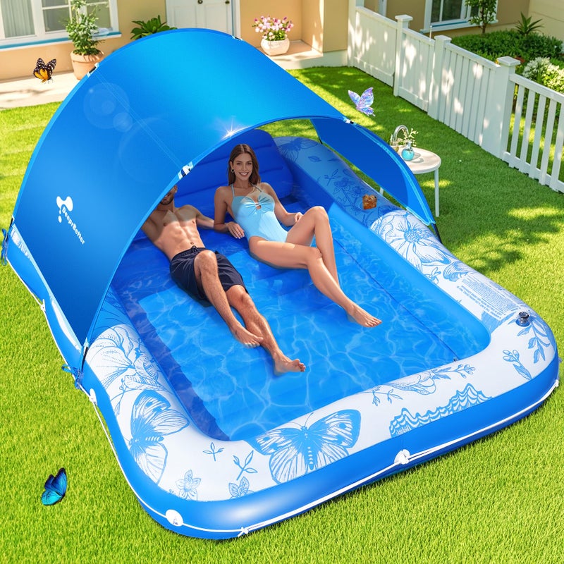DeeprBetter Inflatable Tanning Pool Lounger with Canopy81x 60 Large Tanning Floats for Adults Butterfly Pool Lounger FloatBlow Up Tanning Water Bed with CupPhone HolderAdults Tanning Pools for Backyard - Image 2