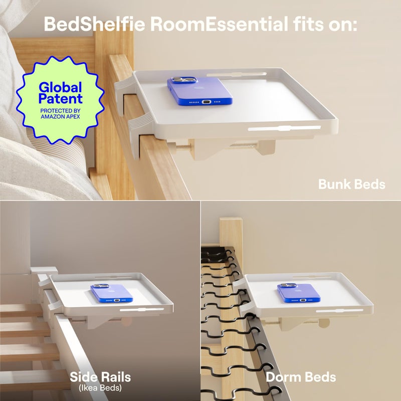 BedShelfie رف سرير BedShelfie للسرير الجانبي لغرفة النوم الجامعية والسرير العلوي، أساسيات غرفة النوم الجامعية، حاملة جانبية، صينية عائمة قابلة للتثبيت، تخزين طاولة السرير الجانبي، ديكور طاولة السرير العلوية - أساسيات السكن الجامعي، أبيض - Image 3