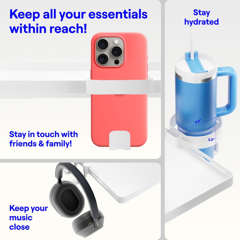 BedShelfie رف سرير BedShelfie للسرير الجانبي لغرفة النوم الجامعية والسرير العلوي، أساسيات غرفة النوم الجامعية، حاملة جانبية، صينية عائمة قابلة للتثبيت، تخزين طاولة السرير الجانبي، ديكور طاولة السرير العلوية - أساسيات السكن الجامعي، أبيض - Image 4