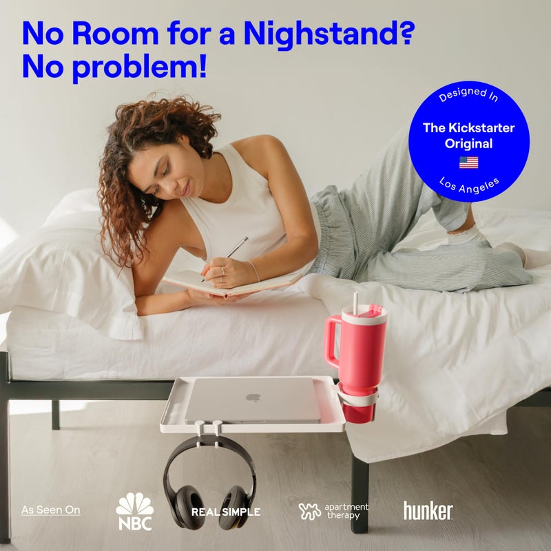 BedShelfie رف سرير BedShelfie للسرير الجانبي لغرفة النوم الجامعية والسرير العلوي، أساسيات غرفة النوم الجامعية، حاملة جانبية، صينية عائمة قابلة للتثبيت، تخزين طاولة السرير الجانبي، ديكور طاولة السرير العلوية - أساسيات السكن الجامعي، أبيض - Image 2