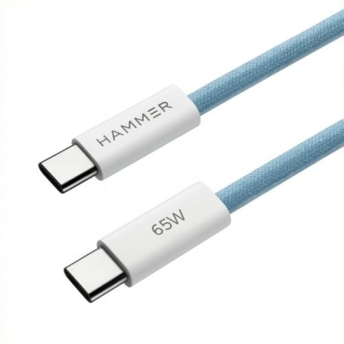 HAMMER Type C to Type C Cable 65W Braided, PD Fast Charging, Data Sync, 1.5 Meter Tangle Free Wire, Compatible with all C-Type Enabled Devices (Blue) - Image 1