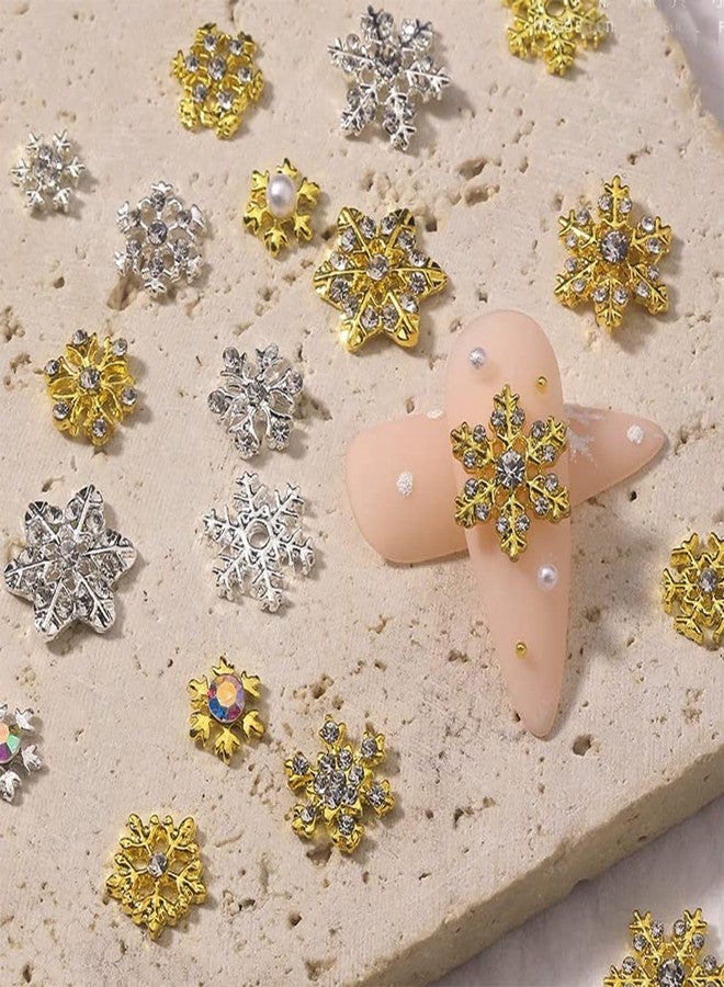 BASEMMAHER 24 Pcs Snowflake Nail Art Charms Glitter Rhinestones 3D Crystals Diamonds Christmas Winter Nail Jewels Metal Alloy Gold Silver Snowflakes Gems Design for Women Nail Art Decoration - Image 3