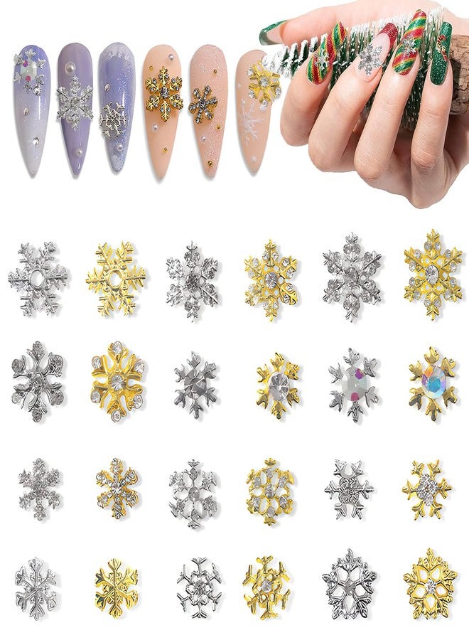 BASEMMAHER 24 Pcs Snowflake Nail Art Charms Glitter Rhinestones 3D Crystals Diamonds Christmas Winter Nail Jewels Metal Alloy Gold Silver Snowflakes Gems Design for Women Nail Art Decoration - Image 1