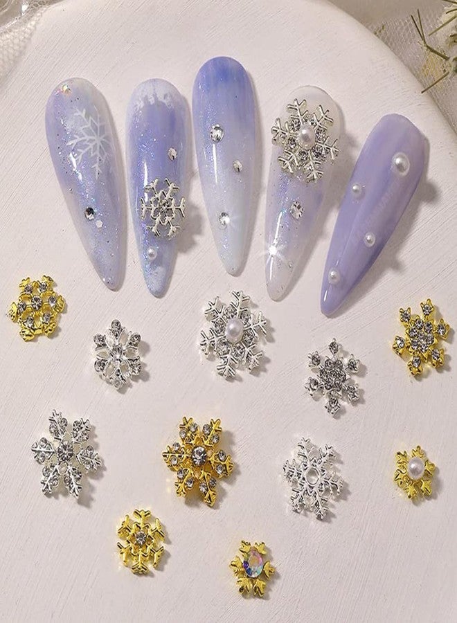 BASEMMAHER 24 Pcs Snowflake Nail Art Charms Glitter Rhinestones 3D Crystals Diamonds Christmas Winter Nail Jewels Metal Alloy Gold Silver Snowflakes Gems Design for Women Nail Art Decoration - Image 2