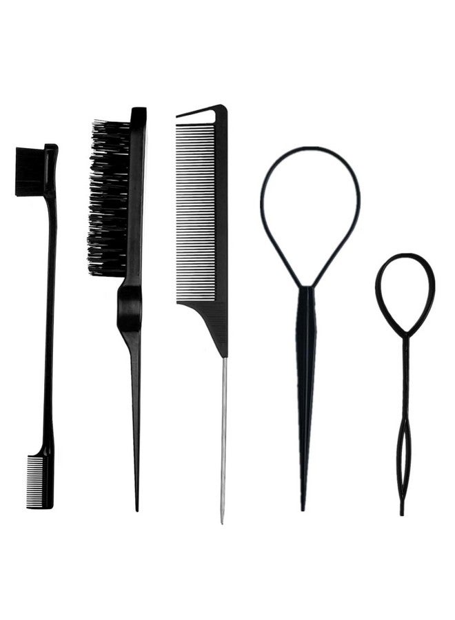 Street27® 5pcs Slick Back Hair Brush Set with 2pcs Topsy Hair Tail Tool | Bristle Teasing Hair Brushes | Edge Brush | Rat Tail Comb For Women Girls Hair Flyaways Styling Edge & Back Combing (Black) - Image 1