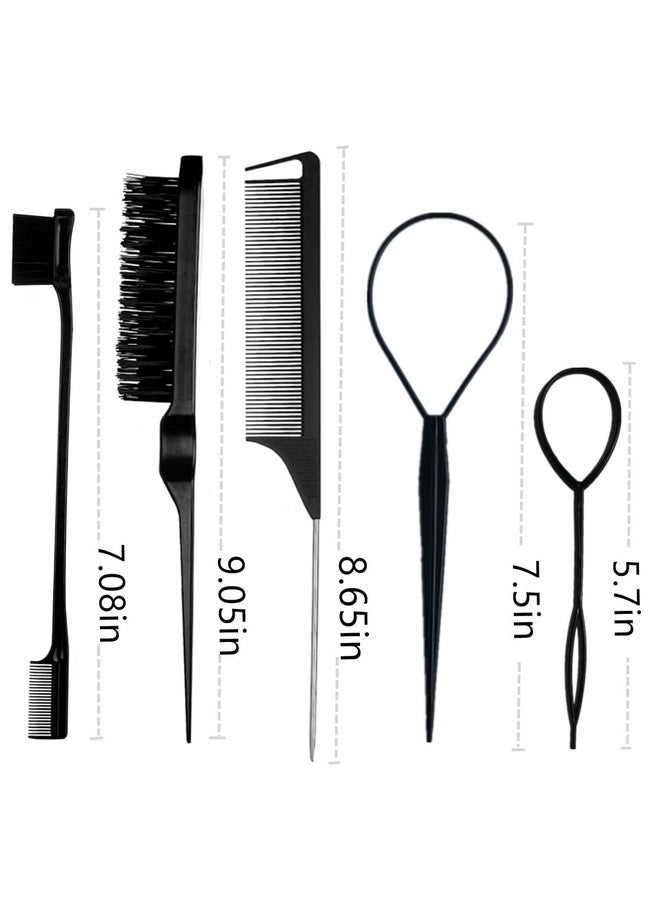 Street27® 5pcs Slick Back Hair Brush Set with 2pcs Topsy Hair Tail Tool | Bristle Teasing Hair Brushes | Edge Brush | Rat Tail Comb For Women Girls Hair Flyaways Styling Edge & Back Combing (Black) - Image 5