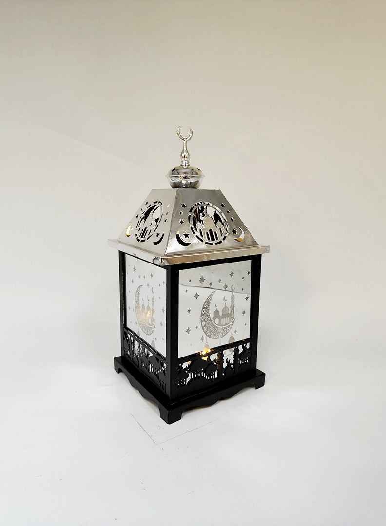 Living A lit black Ramadan lantern with an elegant silver touch, adorned with Islamic decorations, measuring 35x13x13 cm. - Image 3