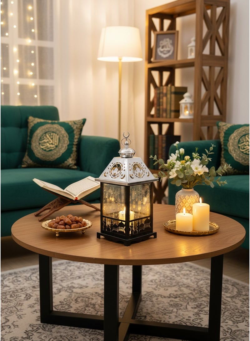 Living A lit black Ramadan lantern with an elegant silver touch, adorned with Islamic decorations, measuring 35x13x13 cm. - Image 2