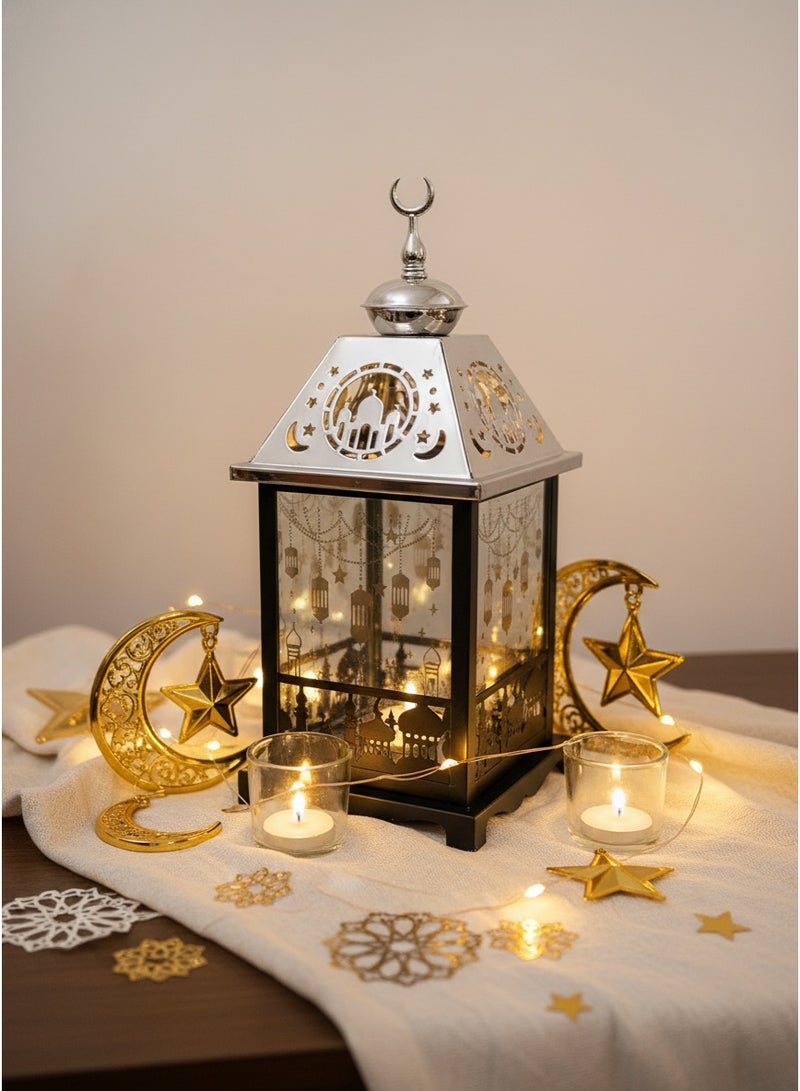 Living A lit black Ramadan lantern with an elegant silver touch, adorned with Islamic decorations, measuring 35x13x13 cm. - Image 1
