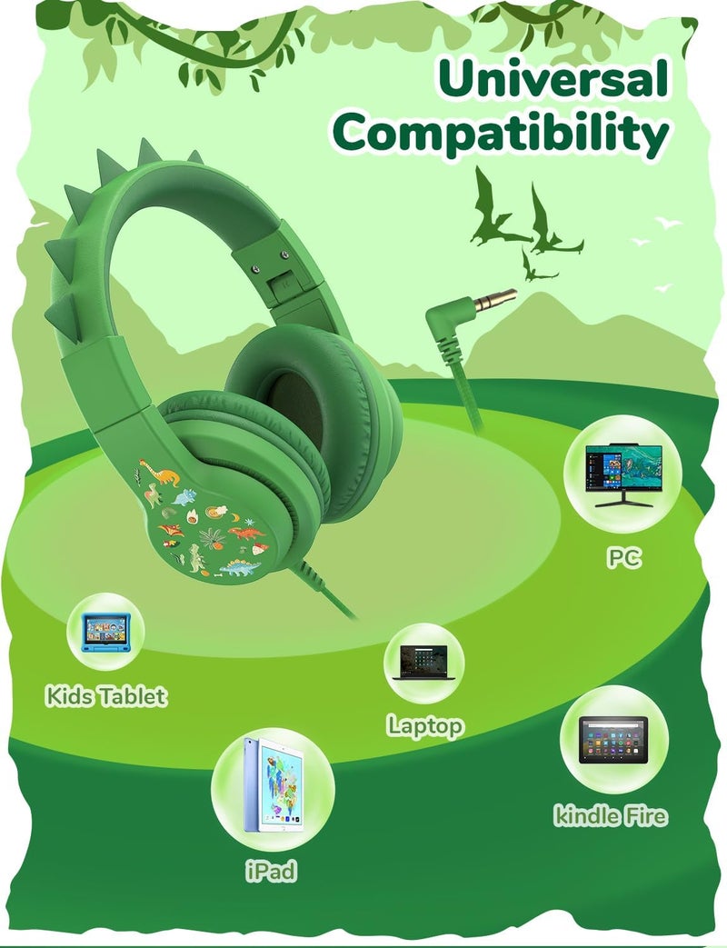 iClever Kids Headphones for School Travel, Safe Volume 85dBA, Stereo Sound Over-Ear for Kid, Foldable 3.5mm Wired Dinosaur Headphones for iPad Computer, HS19S - Image 5