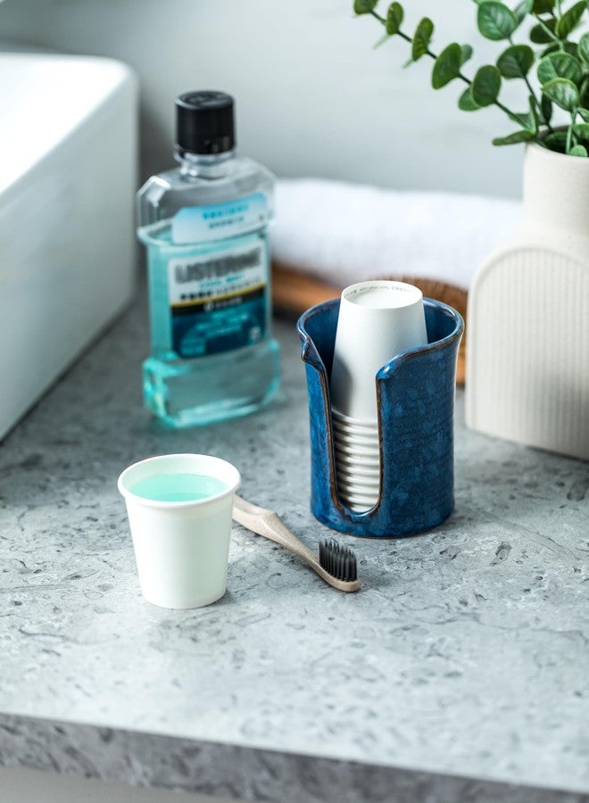 YHOJOY Bathroom Cup Holder, Ceramic Bathroom Cup Dispenser 3 Oz, Small Mouthwash Cup Dispenser Disposable Paper Cup Holder for Bathroom, Coffee Bar, Stoneware Design Modern Decor, Blue - Image 4