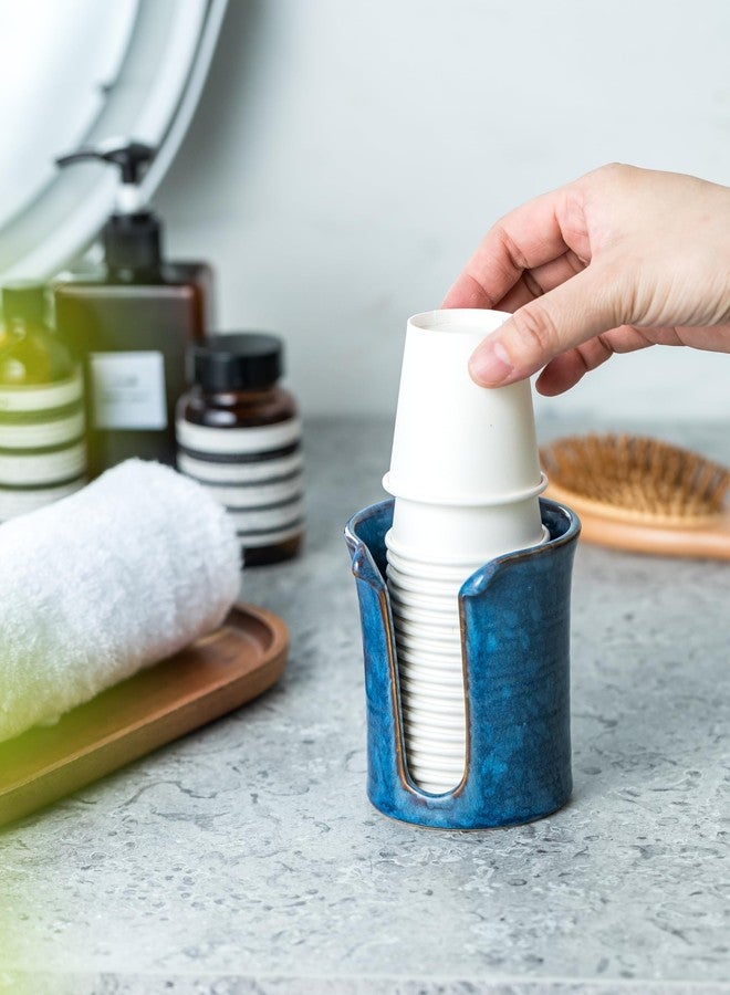 YHOJOY Bathroom Cup Holder, Ceramic Bathroom Cup Dispenser 3 Oz, Small Mouthwash Cup Dispenser Disposable Paper Cup Holder for Bathroom, Coffee Bar, Stoneware Design Modern Decor, Blue - Image 3