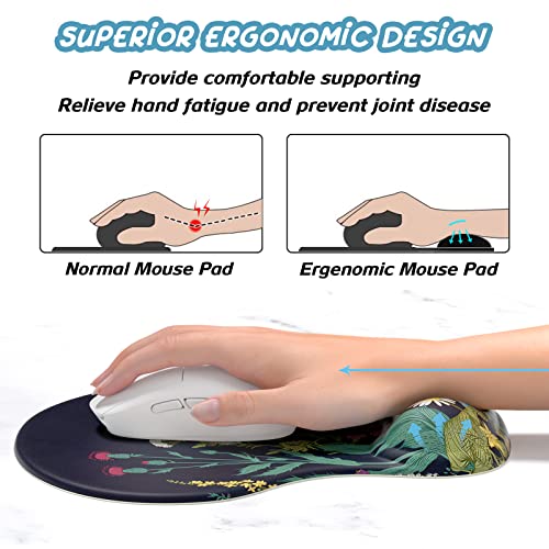 Hsurbtra Ergonomic Mouse Pad with Wrist Rest Support, Gel Mouse Pads with Non-Slip PU Base, Pain Relief Memory Foam Computer Mat, Cute Office Supplies Desk Decro Accessories, Black Flower - Image 2