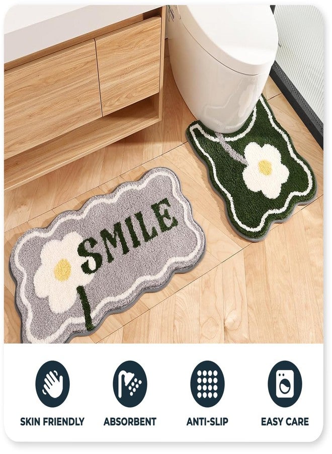 Tyrafry Toilet Bath Rug, U-Shaped Non-Slip Toilet Rug, Flower Rug for Bathroom Floor Soft Plush Microfiber Mat Super Absorbent Washable Bath Shower Mat, 20 x 22 Inches, Green - Image 2
