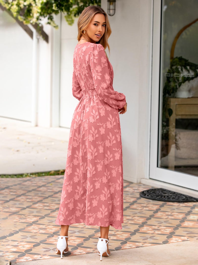 Simplee Womens Boho Floral Long Sleeve Maxi Dress V Neck Empire Waist Fall Wedding Guest Dresses with Pockets Rust Pink M - Image 4