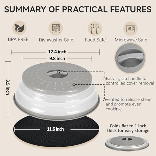 WENWELL 12" Microwave Splatter Cover & Mat, Large Vented Collapsible Splatter Guard Dish Plate Lid & Silicone Round Kitchen Mat for Food - Image 2
