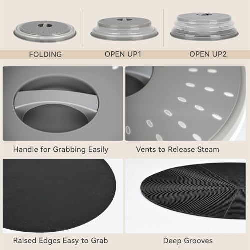 WENWELL 12" Microwave Splatter Cover & Mat, Large Vented Collapsible Splatter Guard Dish Plate Lid & Silicone Round Kitchen Mat for Food - Image 3