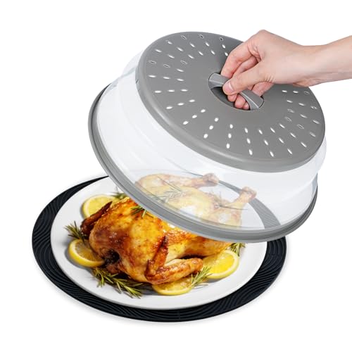 WENWELL 12" Microwave Splatter Cover & Mat, Large Vented Collapsible Splatter Guard Dish Plate Lid & Silicone Round Kitchen Mat for Food - Image 1