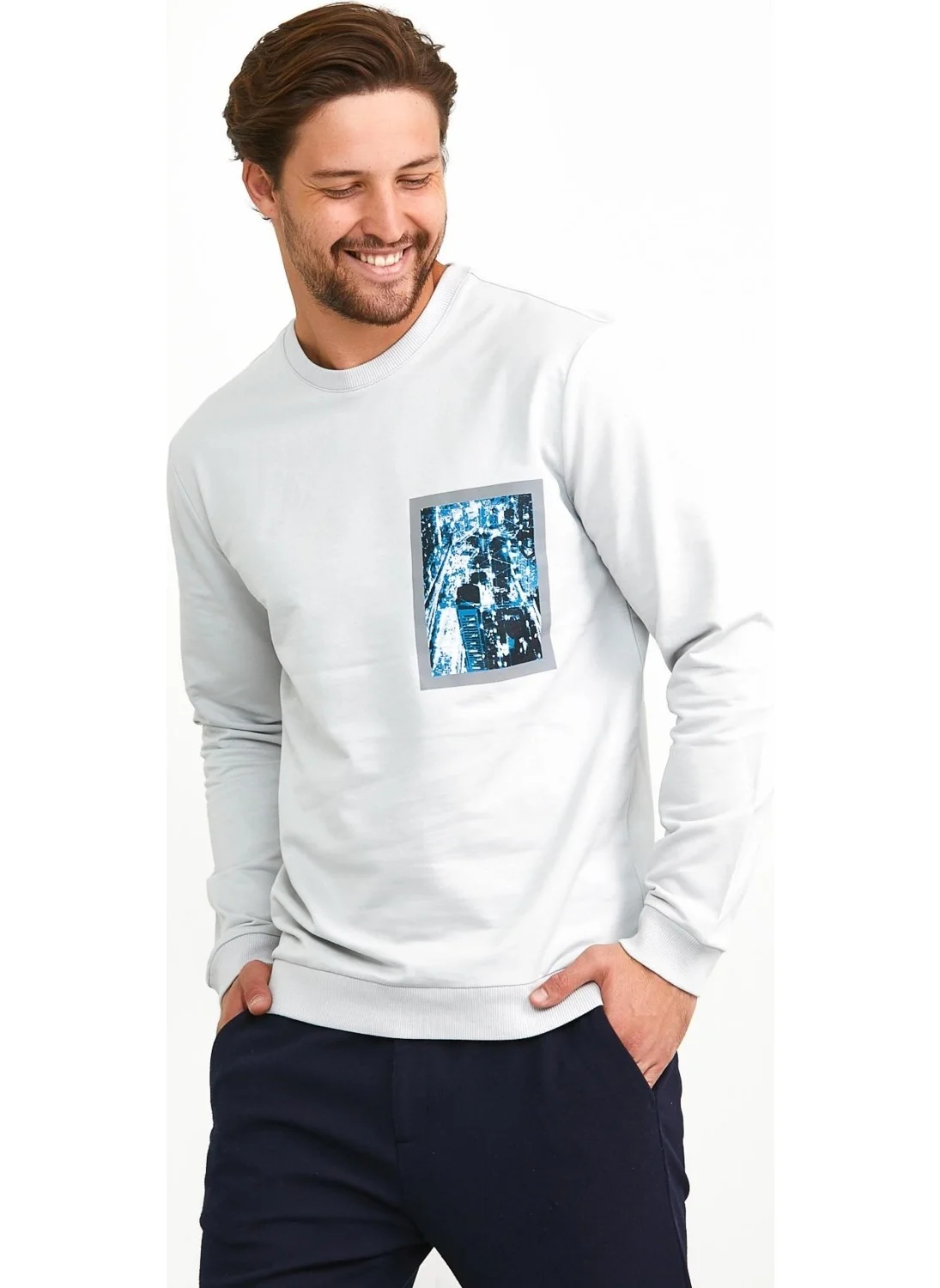 Odelon Men's Front Printed Crew Neck Sports Sweatshirt Gray