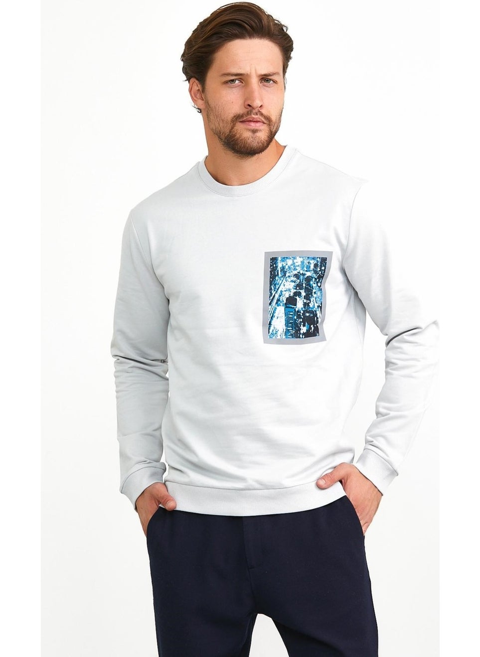 Odelon Men's Front Printed Crew Neck Sports Sweatshirt Gray  - Image 1