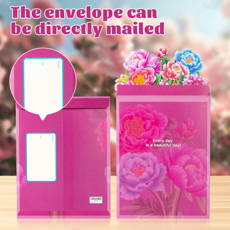 Airpark Pop Up Flower Card, 3D Paper Flowers Bouquet, Mother's Day, Birthday, Thank You, Spring Greeting Cards with Note Card & Envelope, Peony - Image 4
