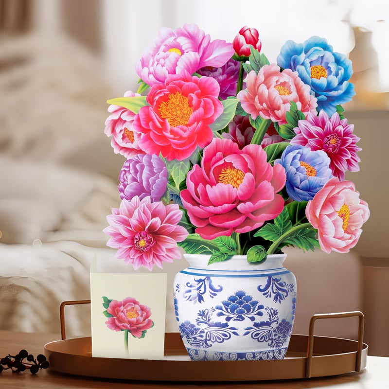 Airpark Pop Up Flower Card, 3D Paper Flowers Bouquet, Mother's Day, Birthday, Thank You, Spring Greeting Cards with Note Card & Envelope, Peony - Image 2