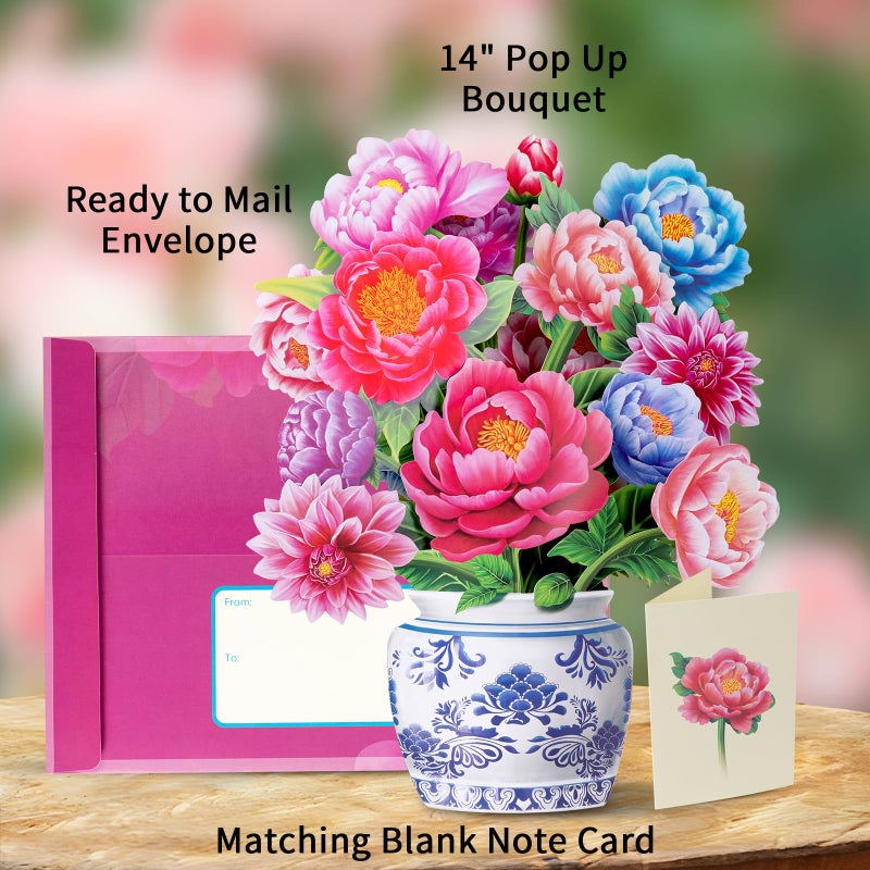 Airpark Pop Up Flower Card, 3D Paper Flowers Bouquet, Mother's Day, Birthday, Thank You, Spring Greeting Cards with Note Card & Envelope, Peony - Image 3