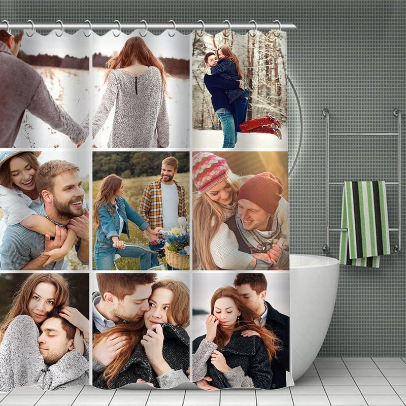 شكل منتظم ومتناسق ستارة دش مخصصة بتصميم صور - ستارة دش صور مخصصة - ستارة دش مخصصة للحمام - ديكور شخصي مقاوم للماء مع خطافات - قماش بوليستر - ستارة حمام (تجميع 9 صور بحجم 72x72 بوصة) - Image 3