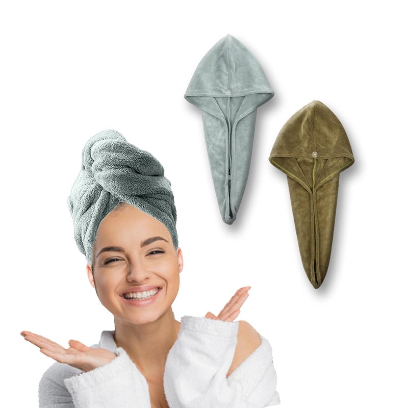 HOUSSE Microfibre Head Towels | 450 GSM High Absorbent Hair Wrap with Adjustable Buttons for Girls | Super Soft & Quick Dry Wrap Towel for Hairs | Set of 2 | 25x65 cm (Lily Pad & Avocado Green) - Image 1