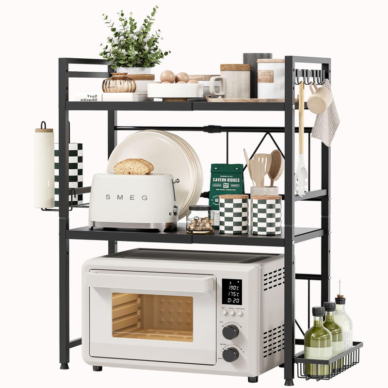 NETEL Expandable Microwave Stand,3 Tier Metal Kitchen Countertop Organizer Shelves with Paper Towel Holder and Baskets,Bakers Rack,Microwave Shelf,Microwave Oven Rack,110lbs Weight Capacity - Image 1