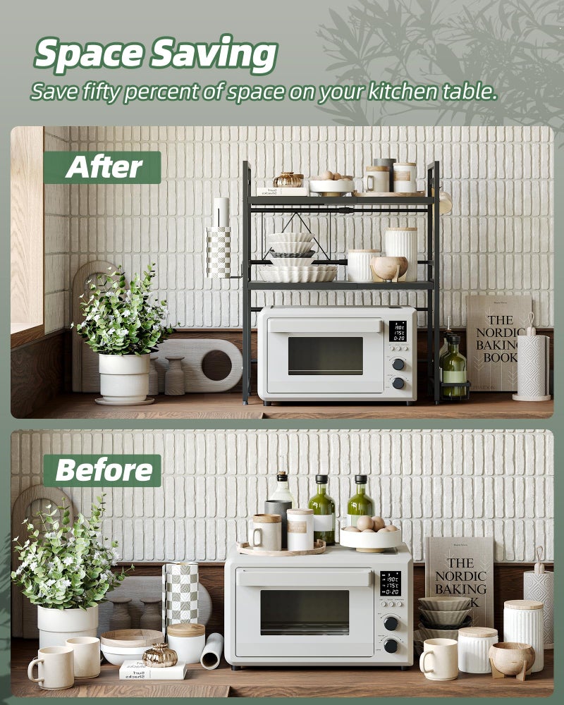 NETEL Expandable Microwave Stand,3 Tier Metal Kitchen Countertop Organizer Shelves with Paper Towel Holder and Baskets,Bakers Rack,Microwave Shelf,Microwave Oven Rack,110lbs Weight Capacity - Image 3