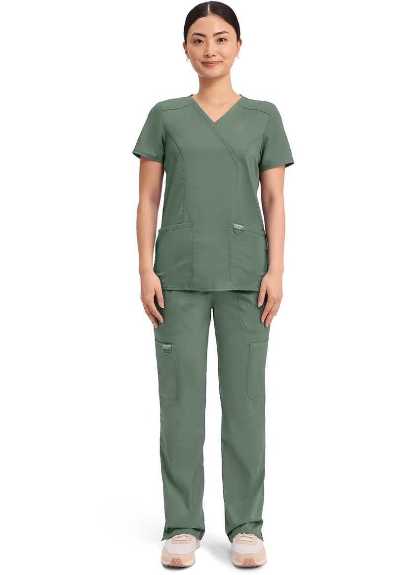 Cherokee Scrubs Top for Women Mock Wrap with 3 Pockets, Soft, 2-Way Stretch & Durable Fabric - WW610, XXS, Olive - Image 5