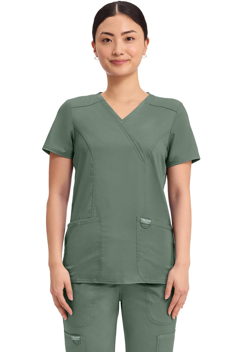 Cherokee Scrubs Top for Women Mock Wrap with 3 Pockets, Soft, 2-Way Stretch & Durable Fabric - WW610, XXS, Olive - Image 1
