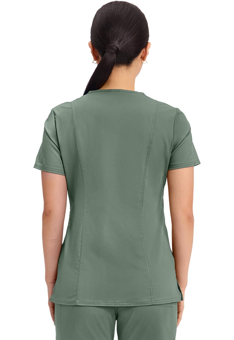 Cherokee Scrubs Top for Women Mock Wrap with 3 Pockets, Soft, 2-Way Stretch & Durable Fabric - WW610, XXS, Olive - Image 3