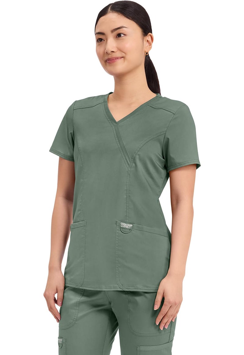 Cherokee Scrubs Top for Women Mock Wrap with 3 Pockets, Soft, 2-Way Stretch & Durable Fabric - WW610, XXS, Olive - Image 2