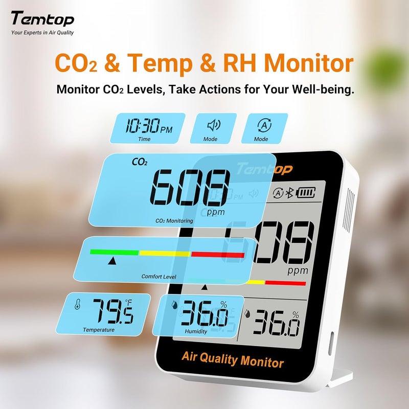 Temtop CO2 Monitor Indoor Air Quality Monitor with BLE App Connectivity, Portable CO2 Meter, CO2, Temperature, Humidity for Home, Office, or School - Image 3