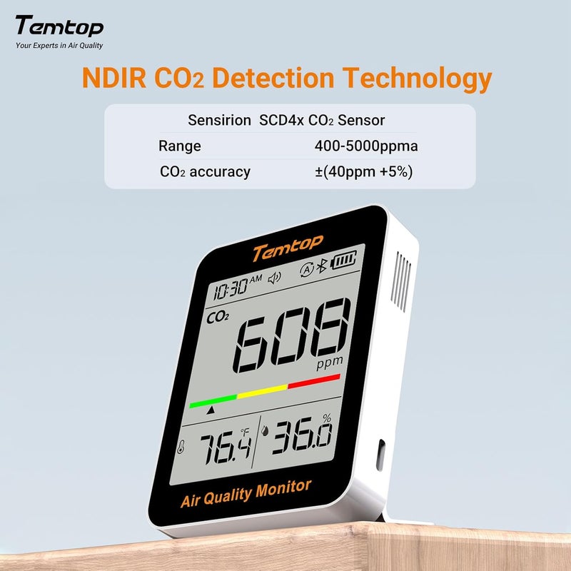 Temtop CO2 Monitor Indoor Air Quality Monitor with BLE App Connectivity, Portable CO2 Meter, CO2, Temperature, Humidity for Home, Office, or School - Image 2