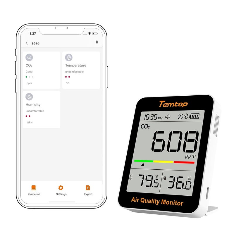 Temtop CO2 Monitor Indoor Air Quality Monitor with BLE App Connectivity, Portable CO2 Meter, CO2, Temperature, Humidity for Home, Office, or School - Image 1