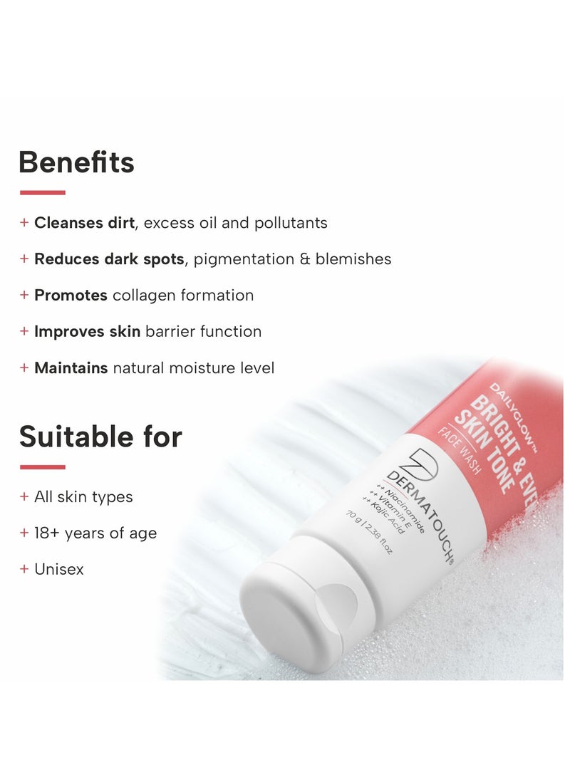DERMATOUCH Bright & Even Tone Face Wash with Niacinamide, Vitamin E and Kojic Acid | Daily Gentle Face Cleanser For Tan, Pigmentation, Uneven Tone - 70G - Image 2